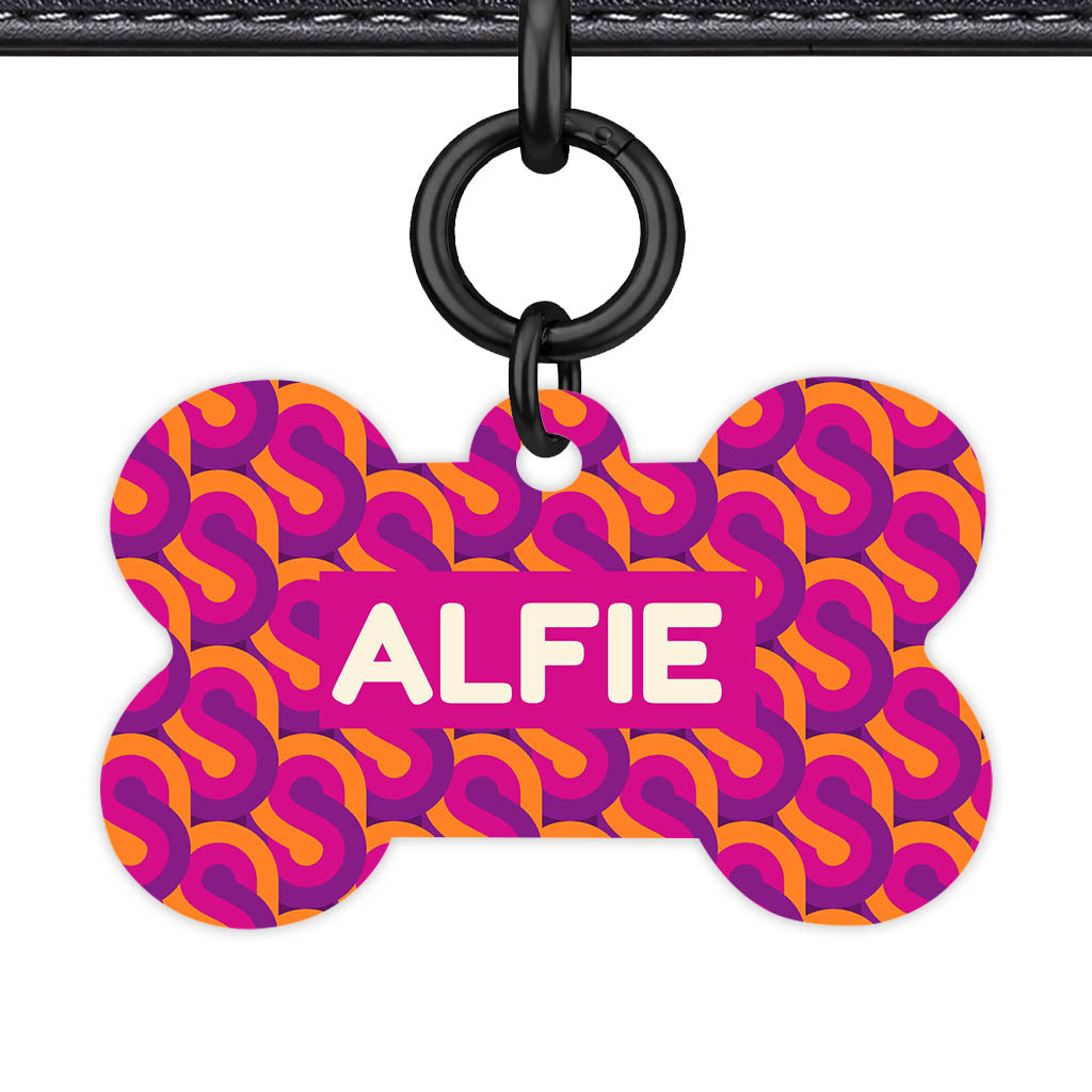 70's Retro Pink Purple Bone Shape QR Smart Pet ID Tag - Front View