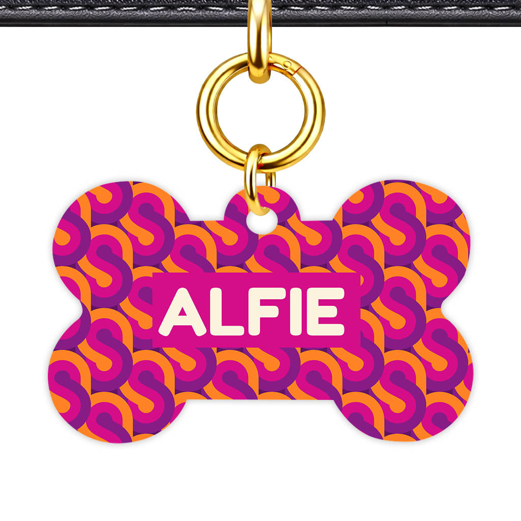 70's Retro Pink Purple Bone Shape QR Smart Pet ID Tag - Front View