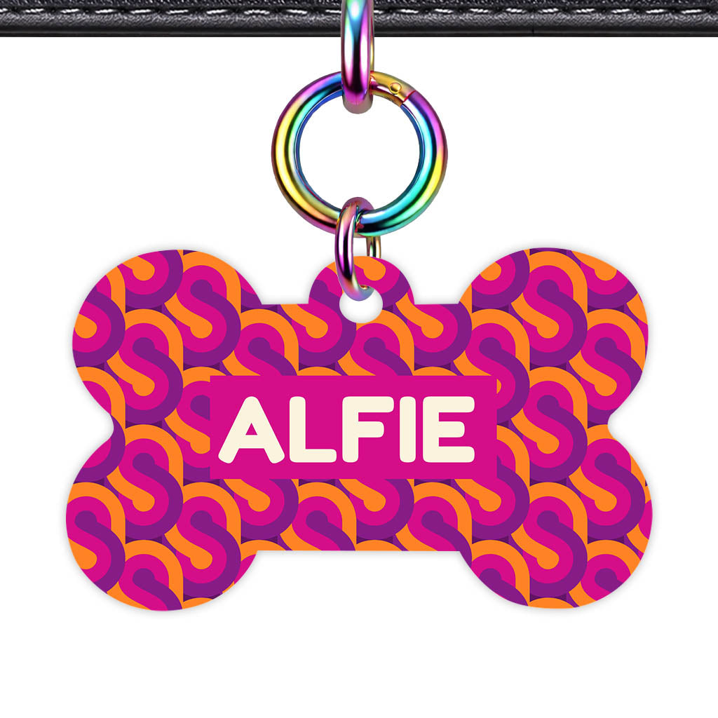 70's Retro Pink Purple Bone Shape QR Smart Pet ID Tag - Front View