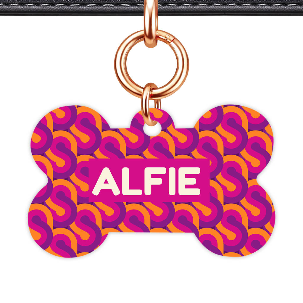 70's Retro Pink Purple Bone Shape QR Smart Pet ID Tag - Front View