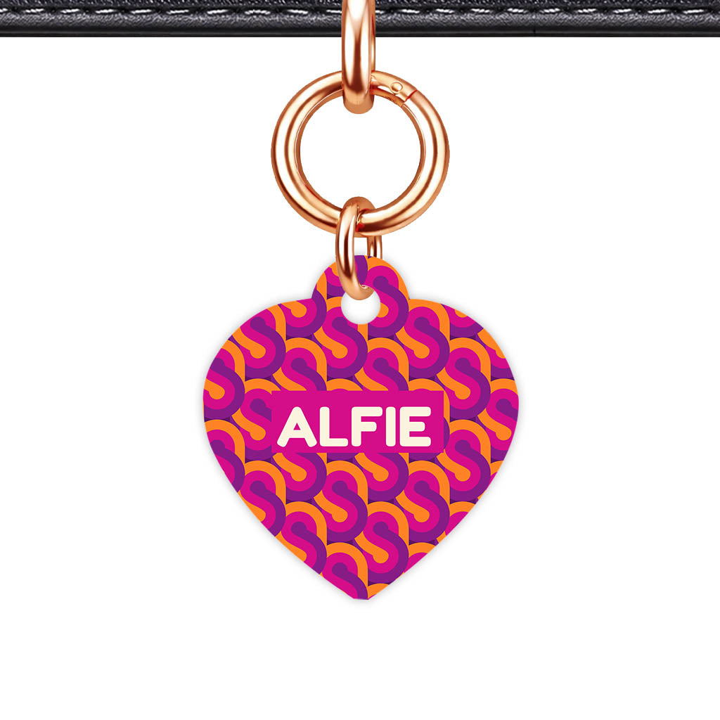 70's Retro Pink Purple Heart Shape QR Smart Pet ID Tag - Front View