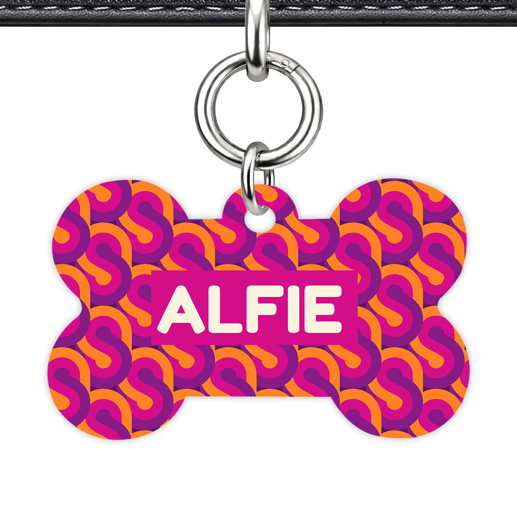 70's Retro Pink Purple Bone Shape QR Smart Pet ID Tag - Front View