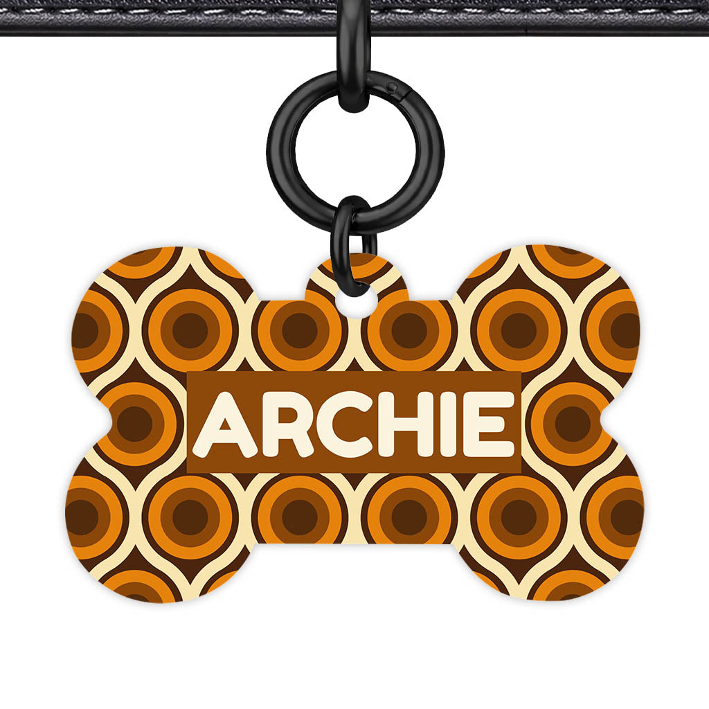 Retro 70's Caramel Swirl Bone Shape QR Smart Pet ID Tag - Front View