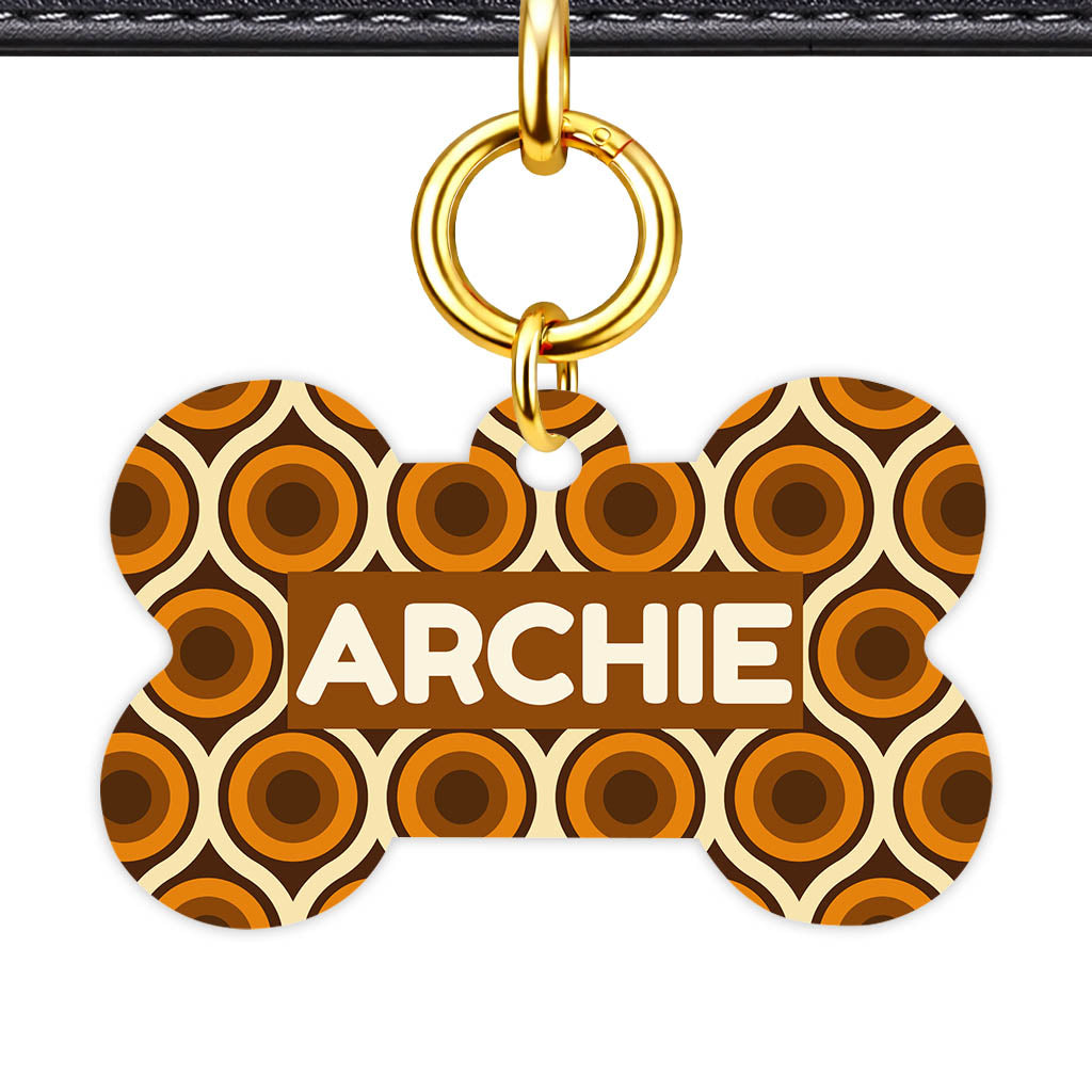 Retro 70's Caramel Swirl Bone Shape QR Smart Pet ID Tag - Front View