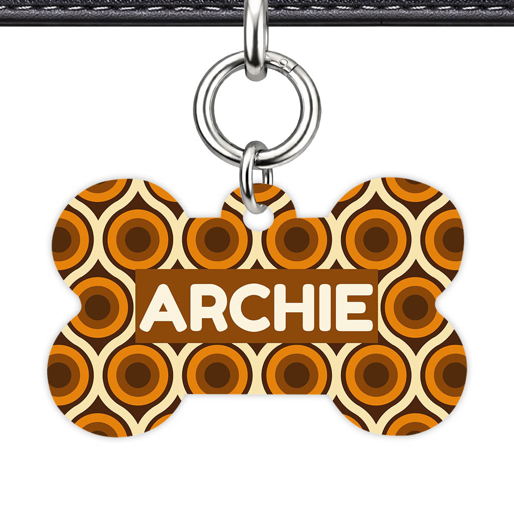 Retro 70's Caramel Swirl Bone Shape QR Smart Pet ID Tag - Front View
