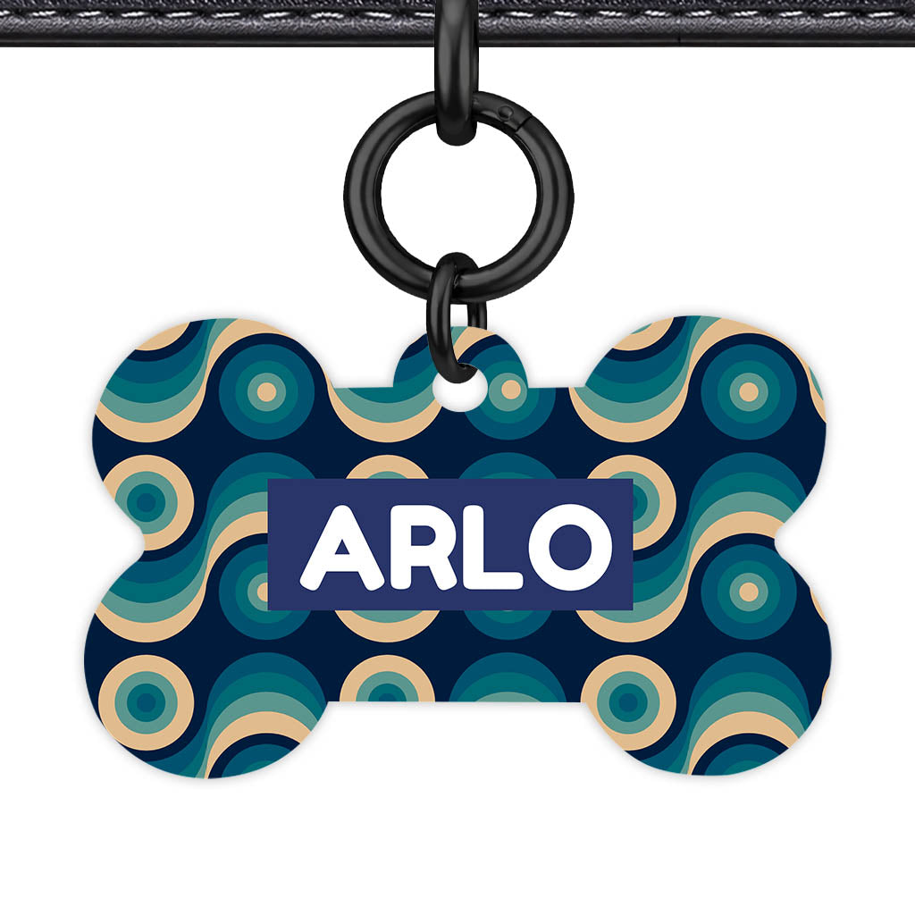 Funky 70's Blues Bone Shape QR Smart Pet ID Tag - Front View