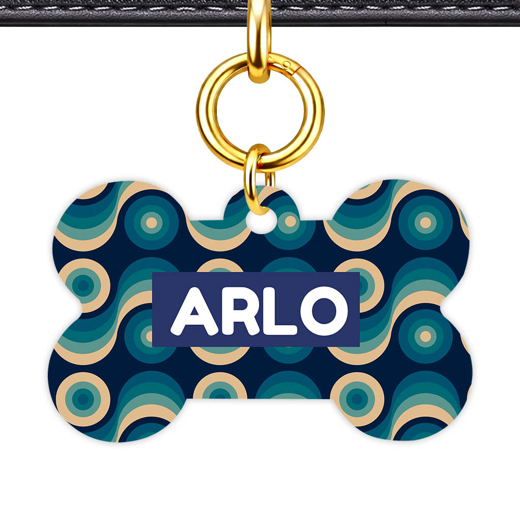 Funky 70's Blues Bone Shape QR Smart Pet ID Tag - Front View