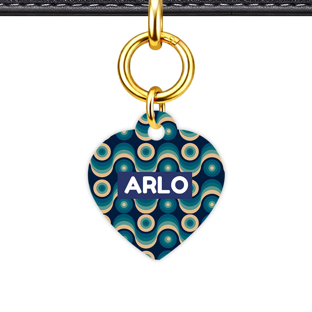 Funky 70's Blues Heart Shape QR Smart Pet ID Tag - Front View