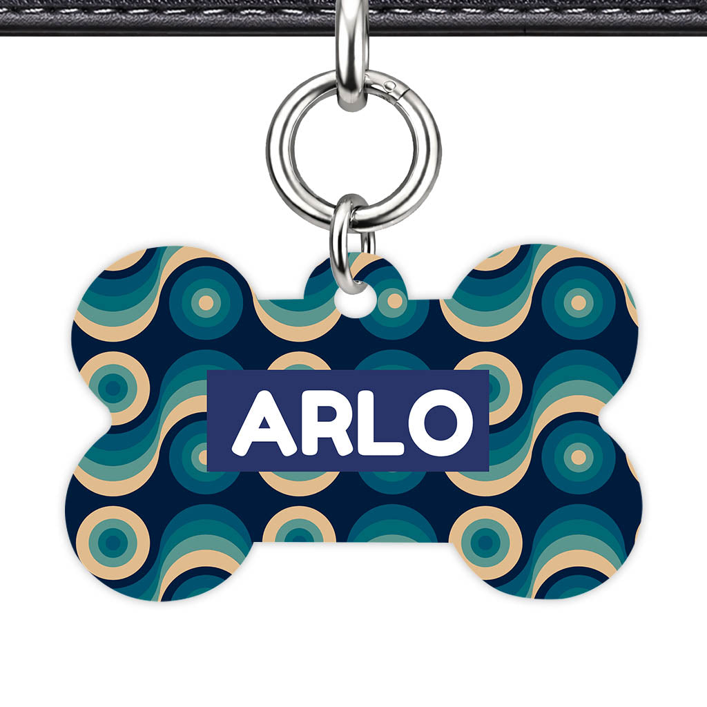 Funky 70's Blues Bone Shape QR Smart Pet ID Tag - Front View