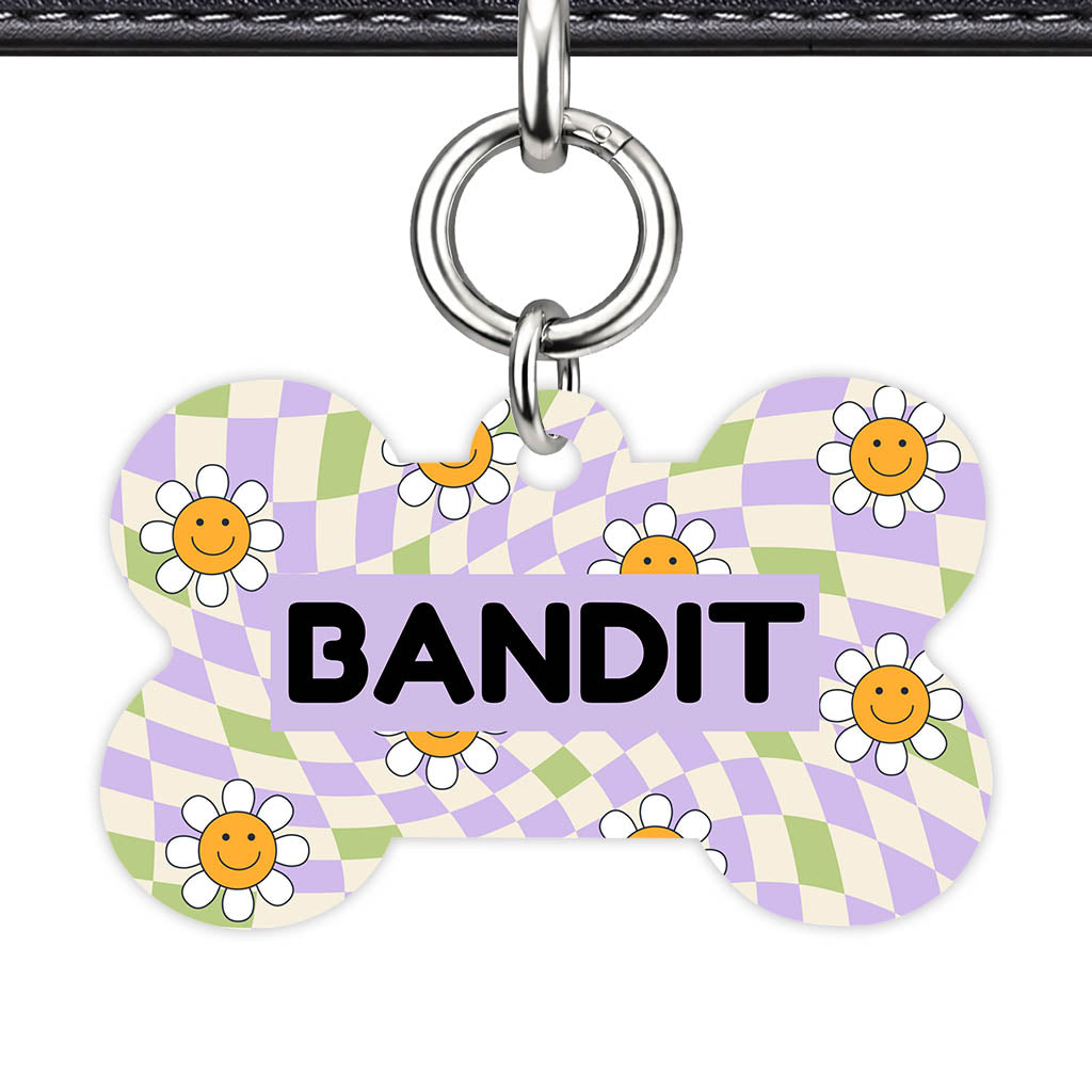 Happy Daisy Bone Shape QR Smart Pet ID Tag - Front View