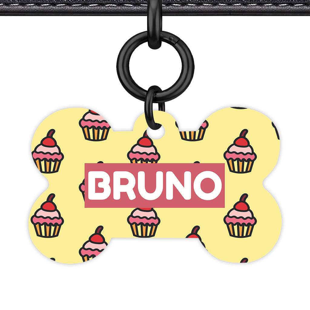 Cupcakes on Yellow Bone Shape QR Smart Pet ID Tag - Front View