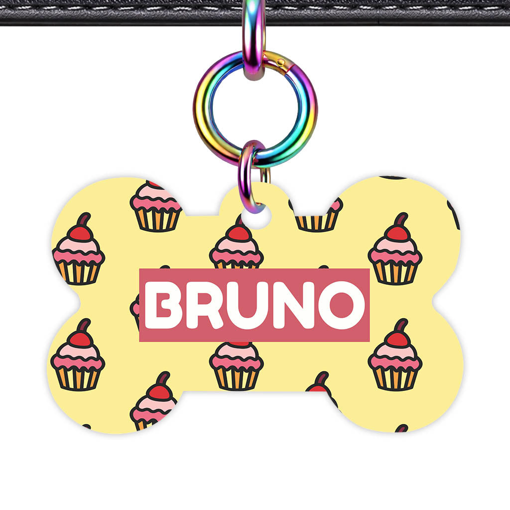 Cupcakes on Yellow Bone Shape QR Smart Pet ID Tag - Front View