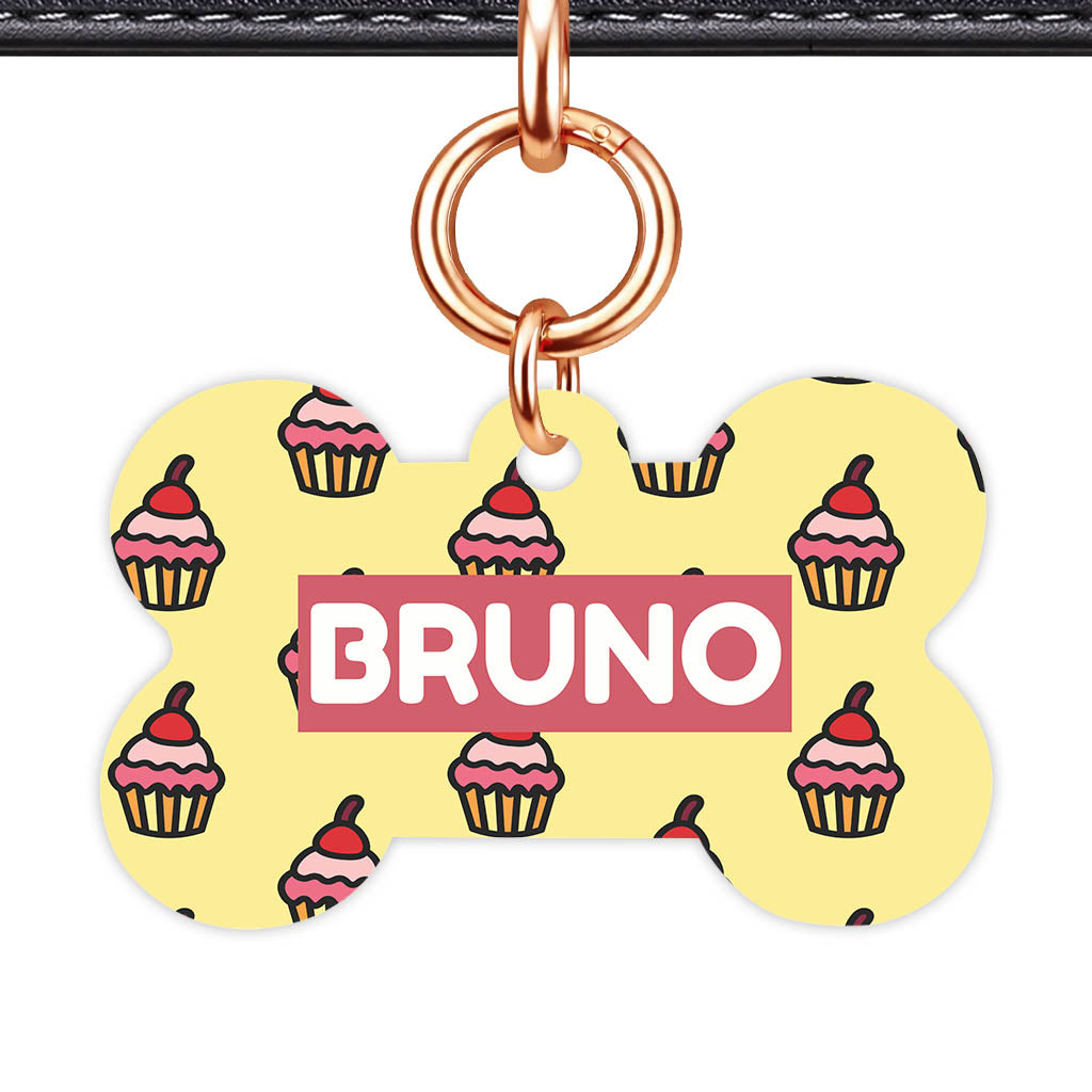Cupcakes on Yellow Bone Shape QR Smart Pet ID Tag - Front View