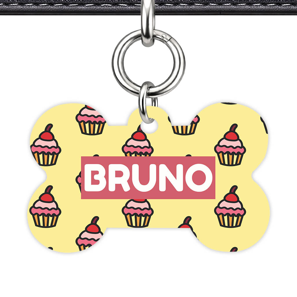 Cupcakes on Yellow Bone Shape QR Smart Pet ID Tag - Front View
