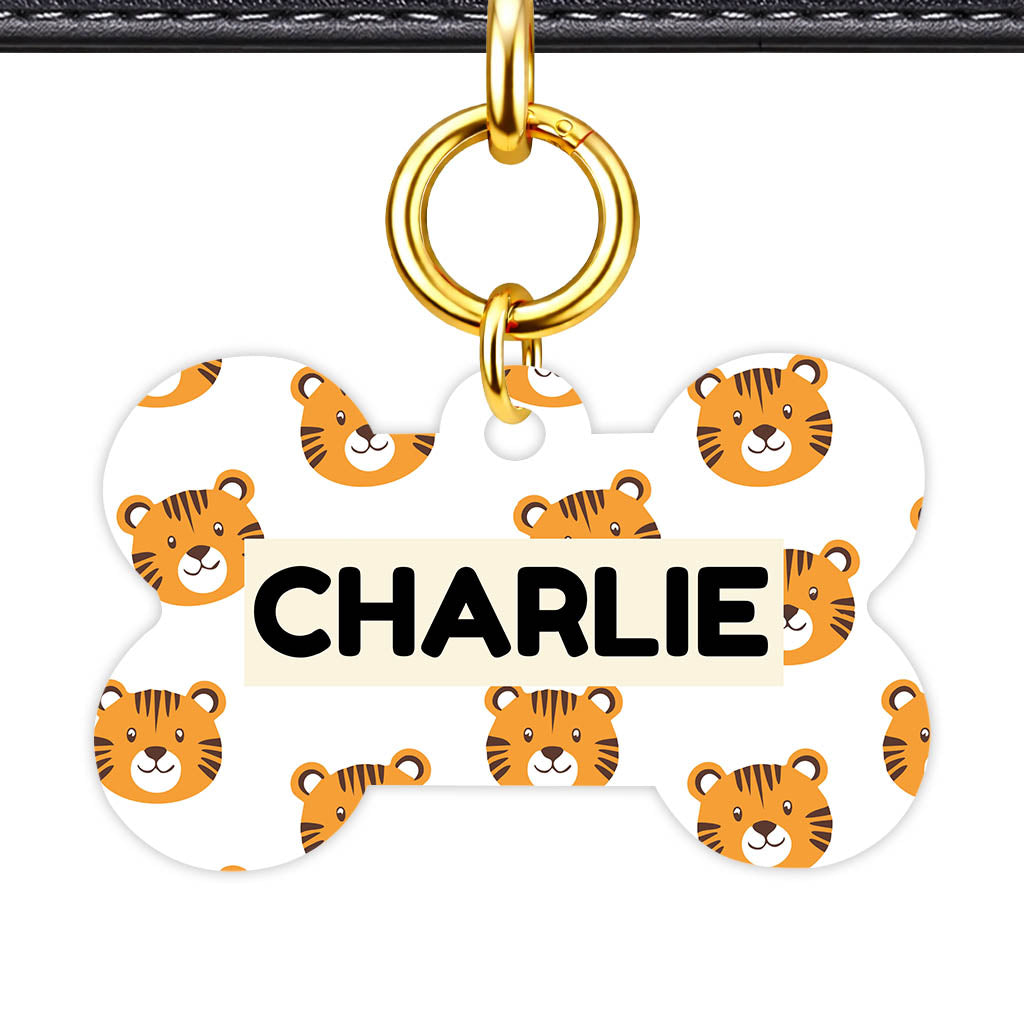 Cheeky tiger Faces Bone Shape QR Smart Pet ID Tag - Front View