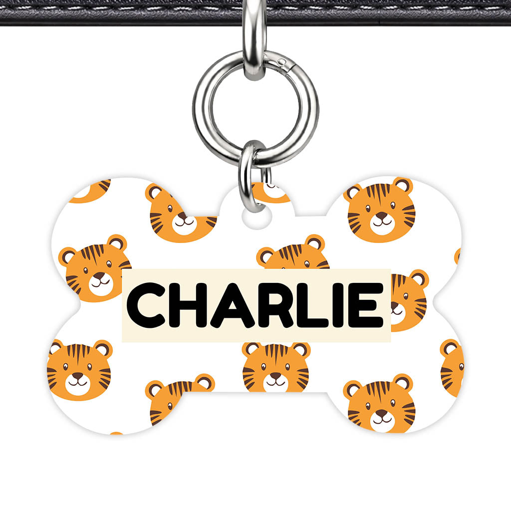 Cheeky tiger Faces Bone Shape QR Smart Pet ID Tag - Front View