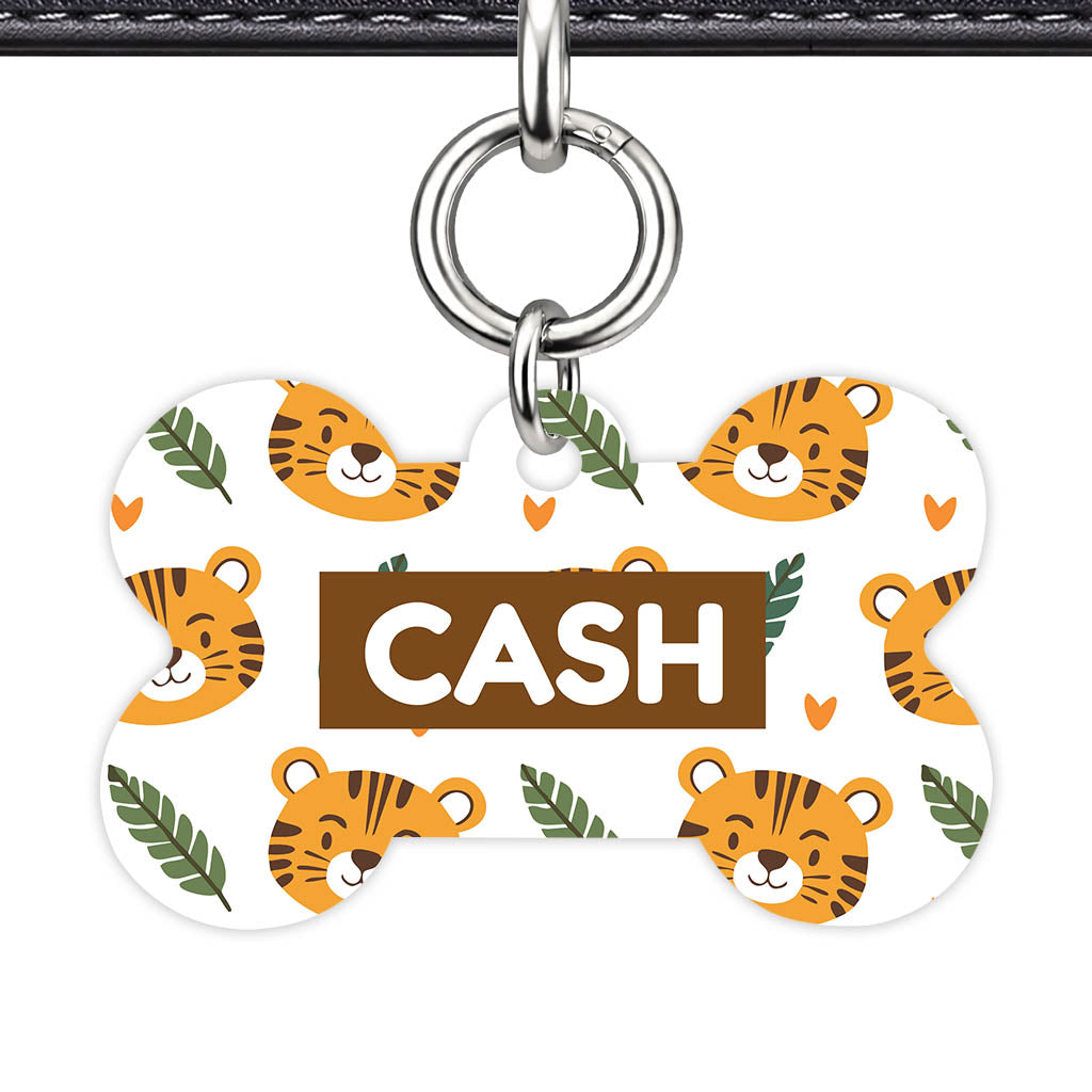 Tiger & Leaf Bone Shape QR Smart Pet ID Tag - Front View