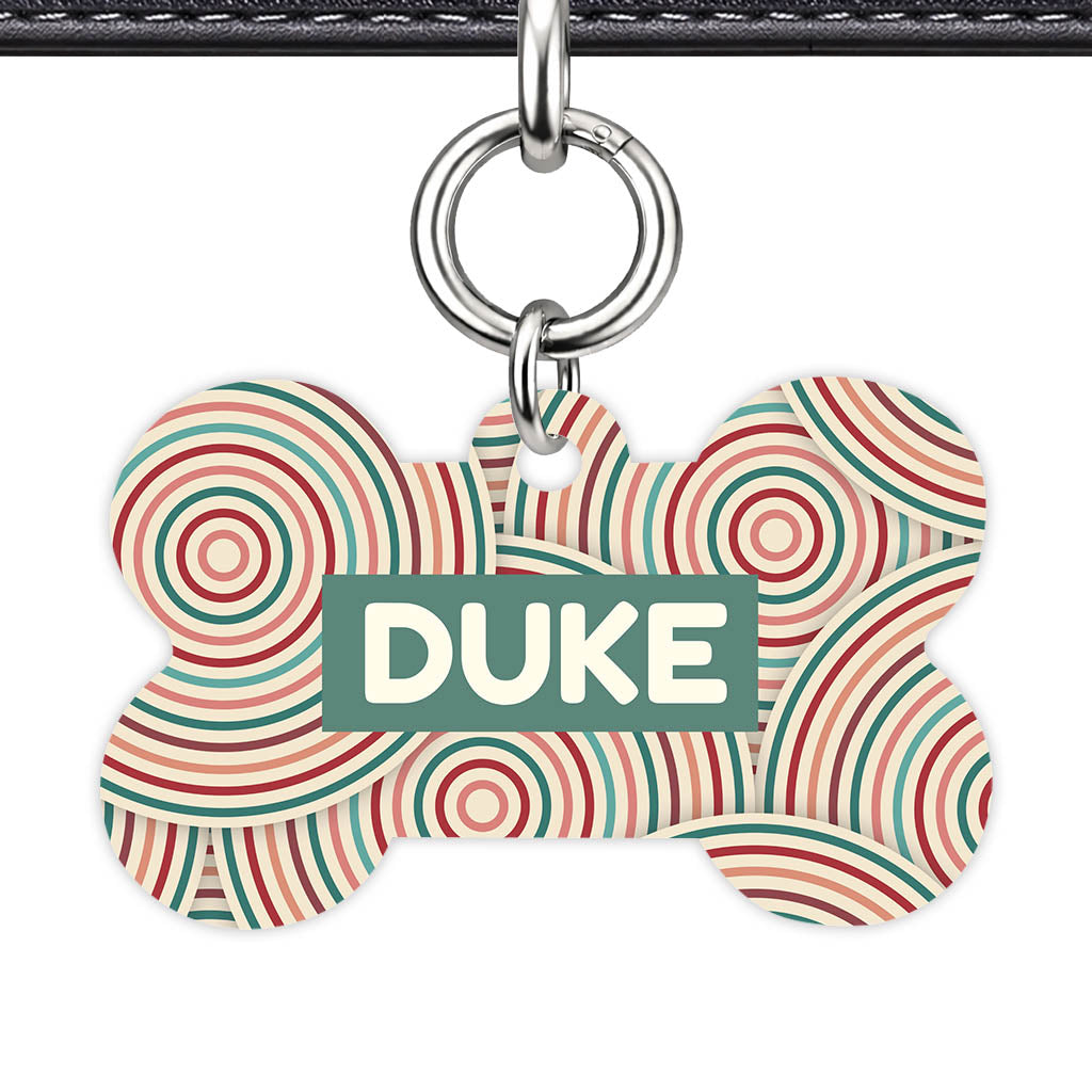 Retro Ripple Circles Bone Shape QR Smart Pet ID Tag - Front View