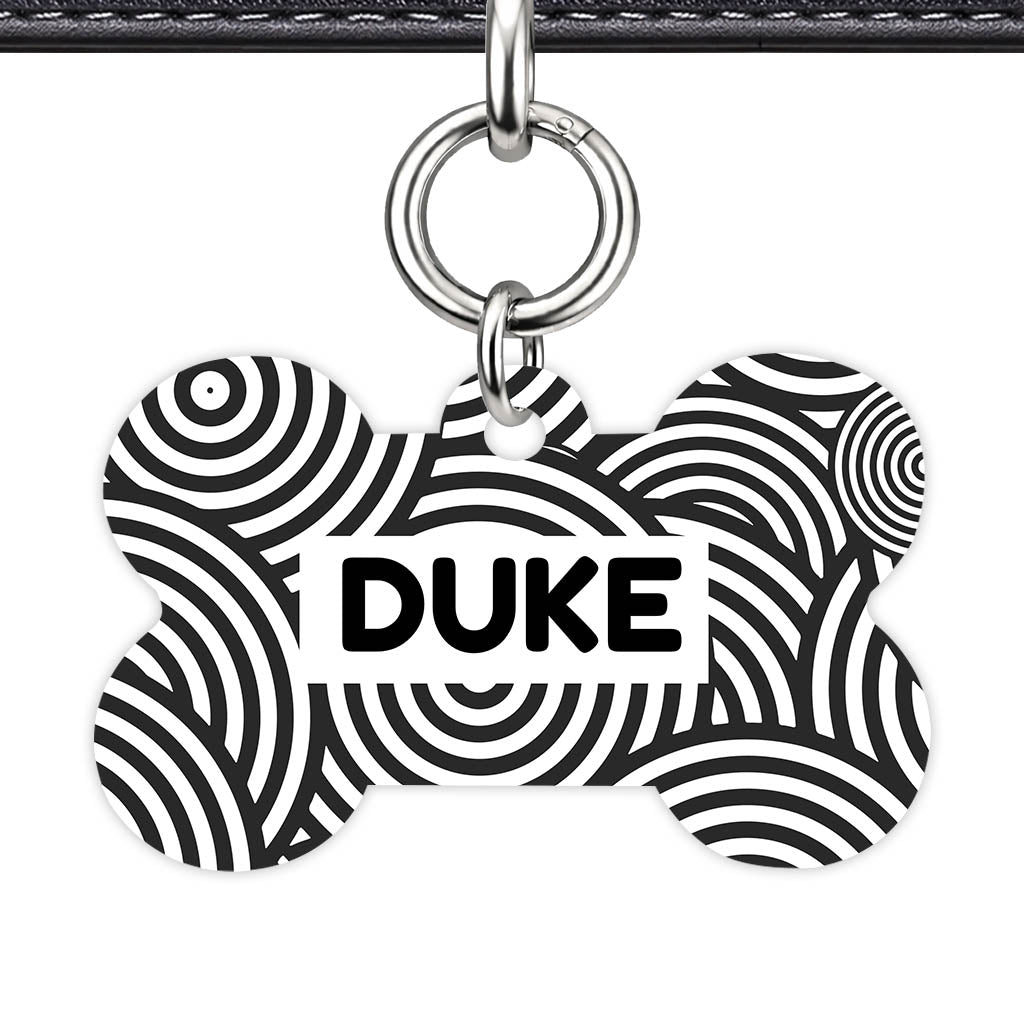 Black White Ripple Bone Shape QR Smart Pet ID Tag - Front View