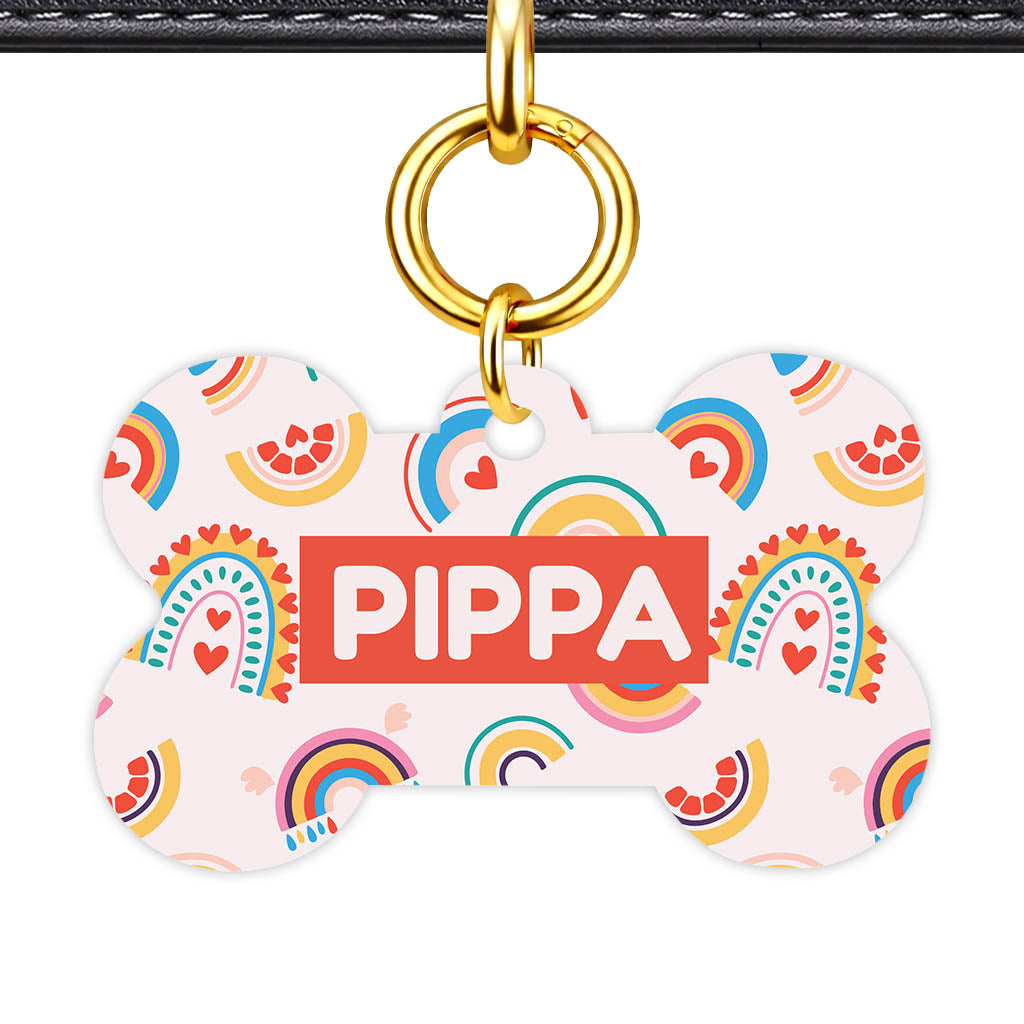 Happy Rainbow Hearts Bone Shape QR Smart Pet ID Tag - Front View