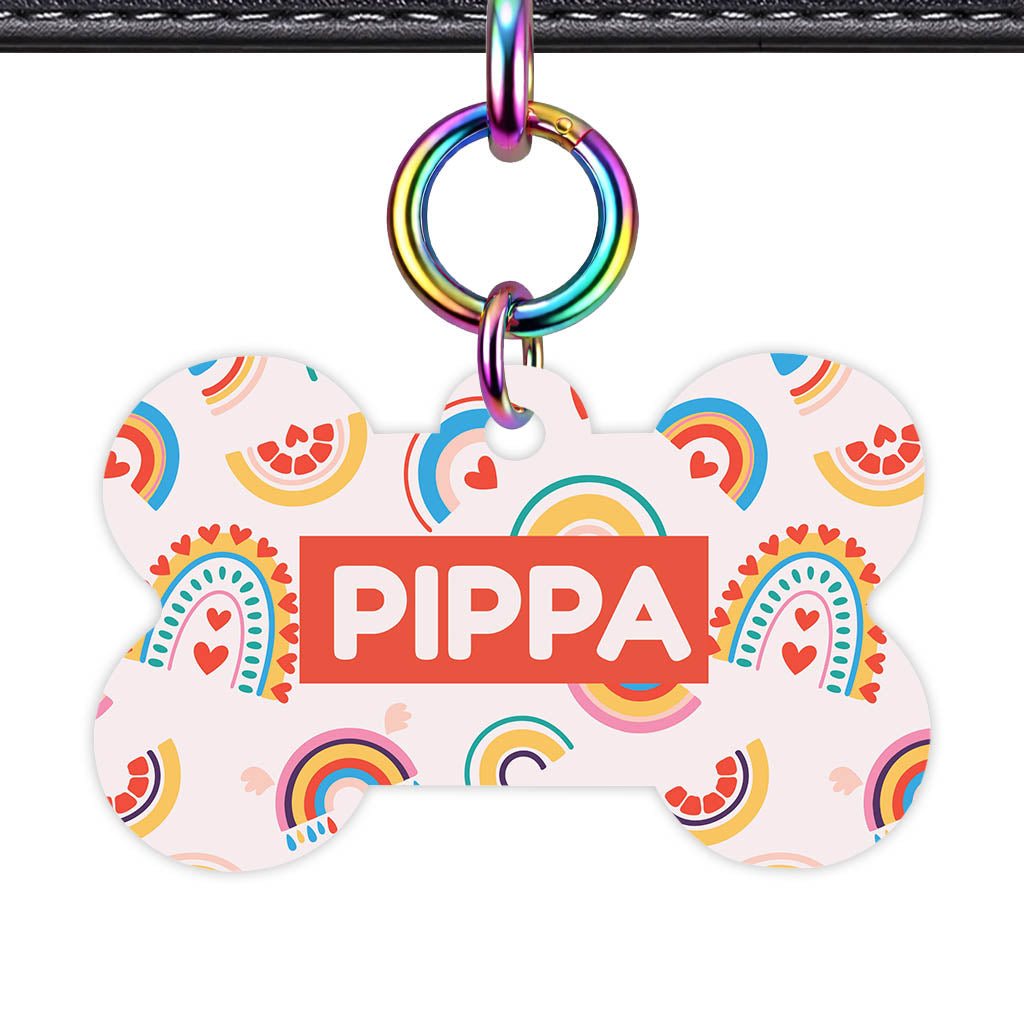 Happy Rainbow Hearts Bone Shape QR Smart Pet ID Tag - Front View