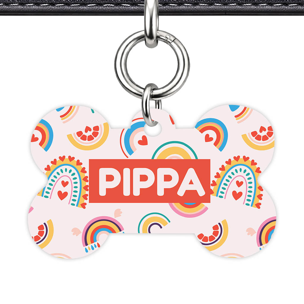 Happy Rainbow Hearts Bone Shape QR Smart Pet ID Tag - Front View