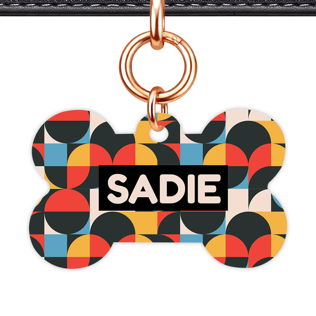 Mid-Century Geo Pop Bone Shape QR Smart Pet ID Tag - Front View