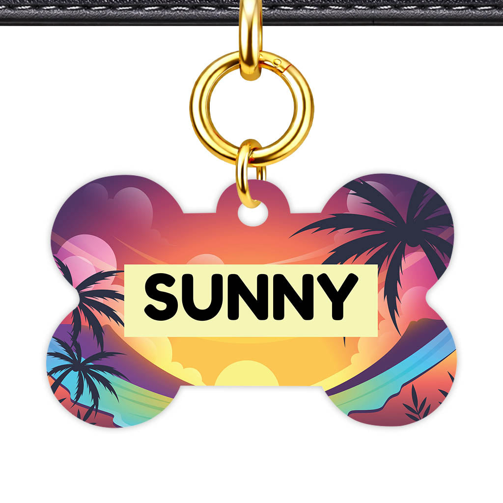 Sunset Palms Bone Shape QR Smart Pet ID Tag - Front View