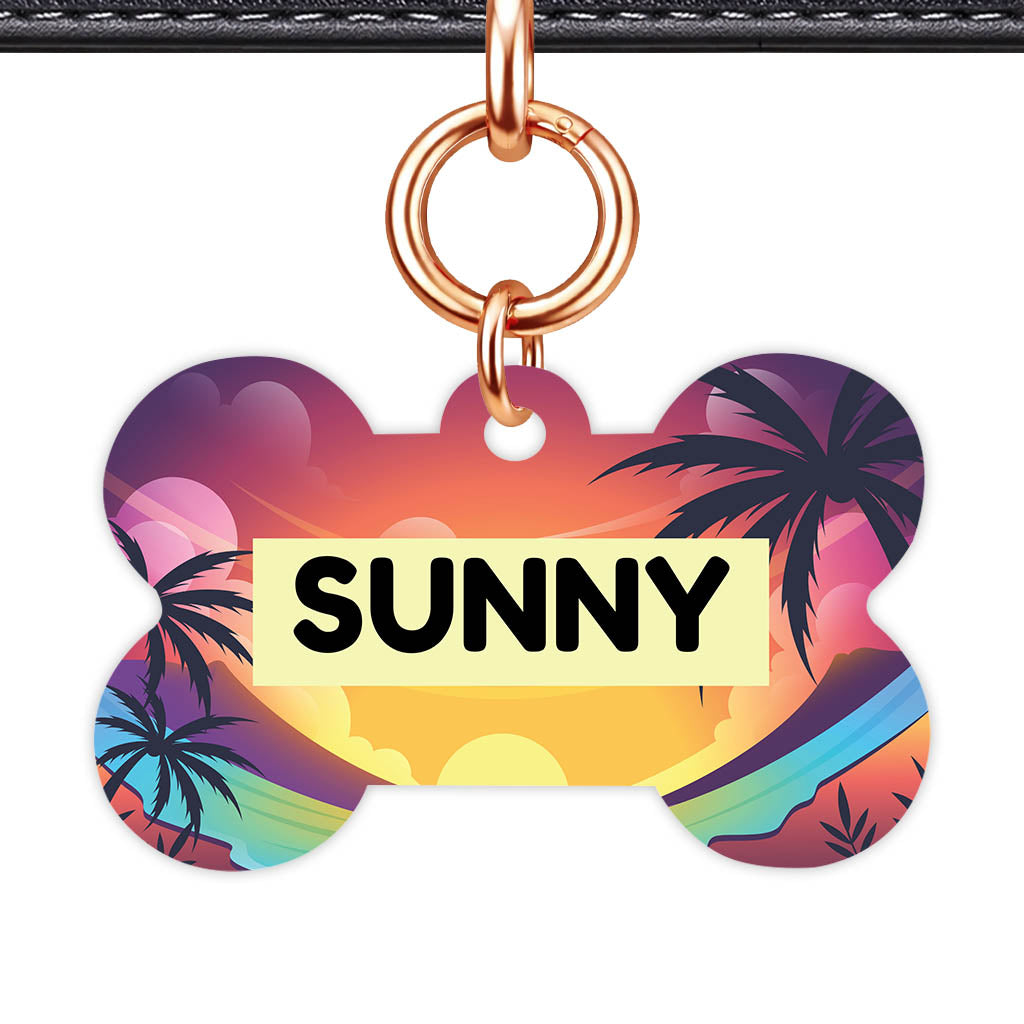 Sunset Palms Bone Shape QR Smart Pet ID Tag - Front View