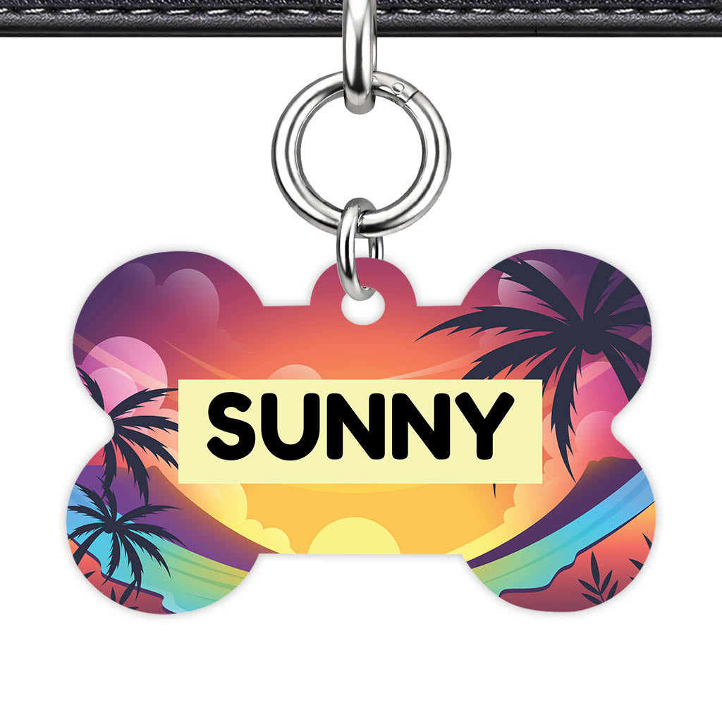 Sunset Palms Bone Shape QR Smart Pet ID Tag - Front View
