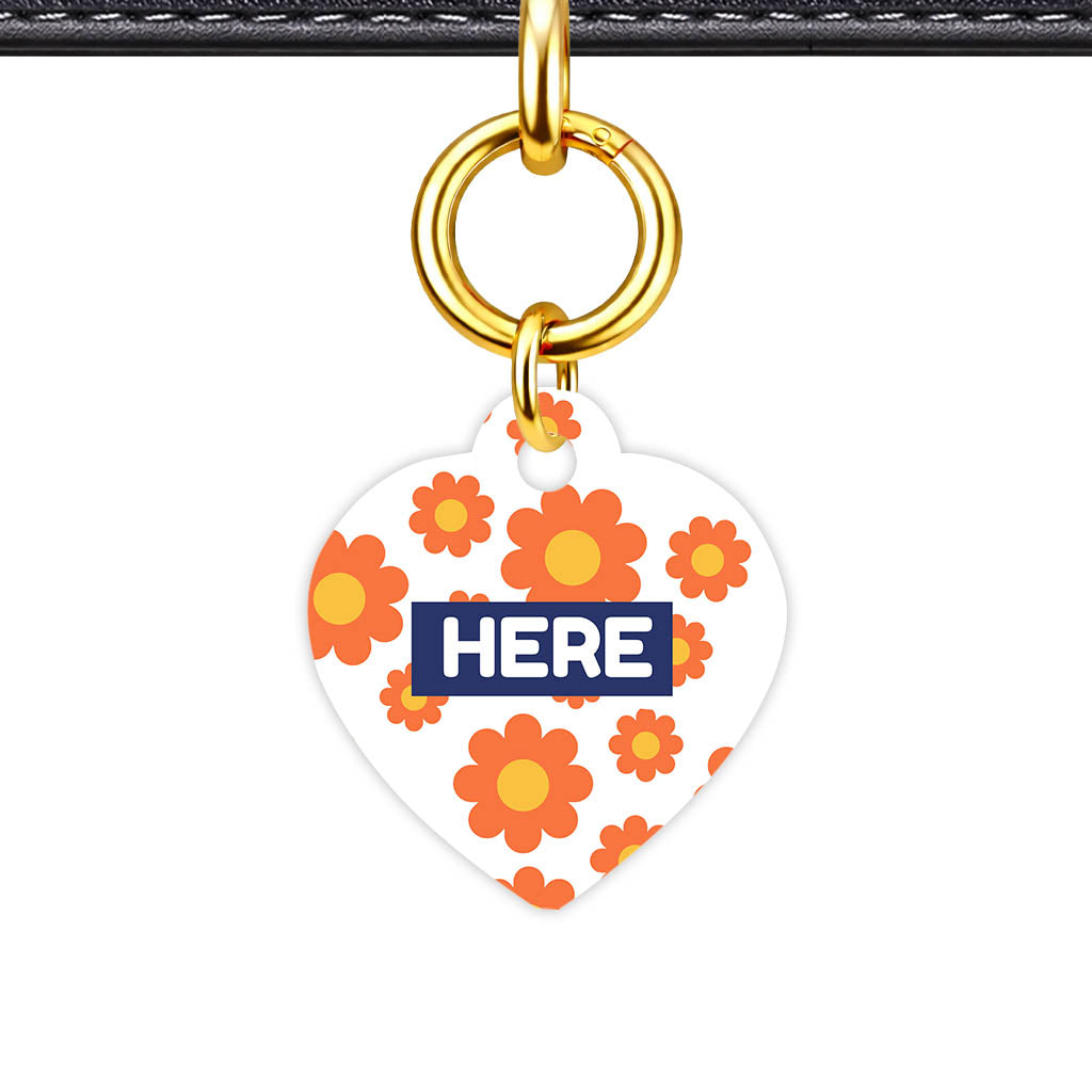 Orange Daisies Heart Shape QR Smart Pet ID Tag - Front View