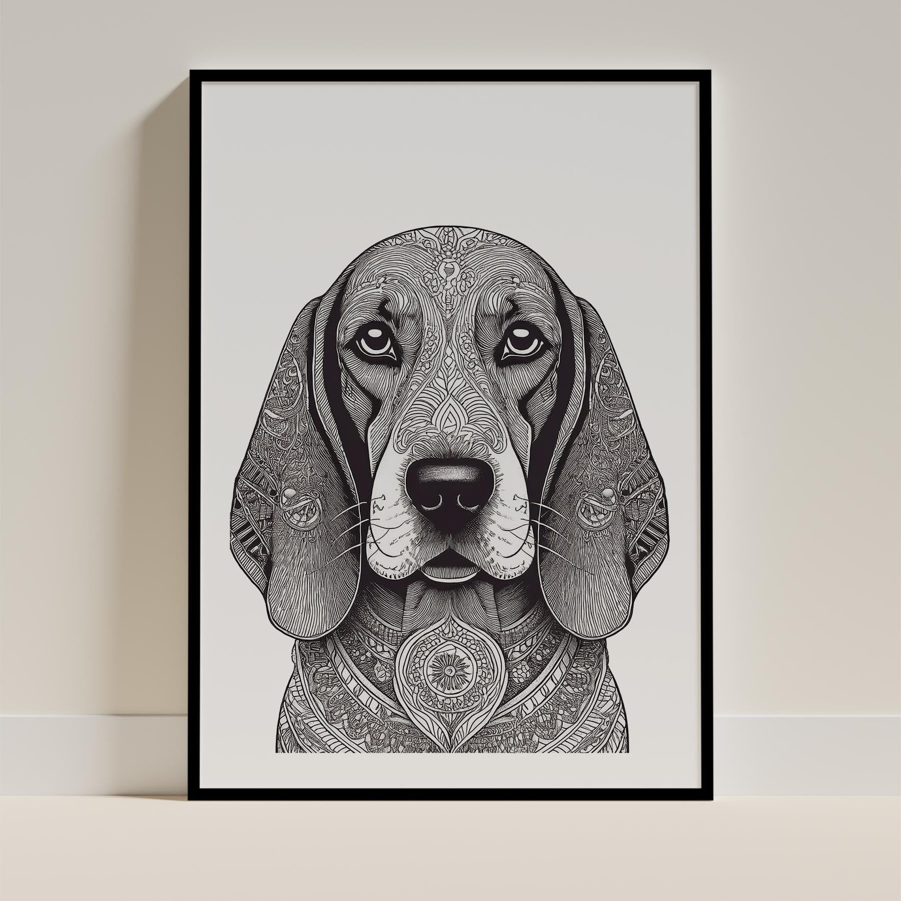 Basset Hound Mandala Black and White Dog Series image 0