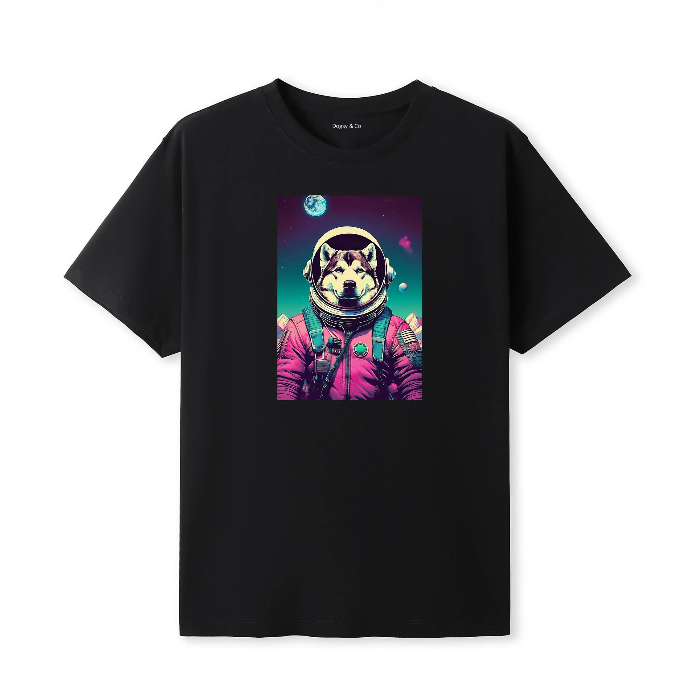 Alaskan Malamute Space Dogs T-Shirt colourful astronaut dog artwork in a retro space design