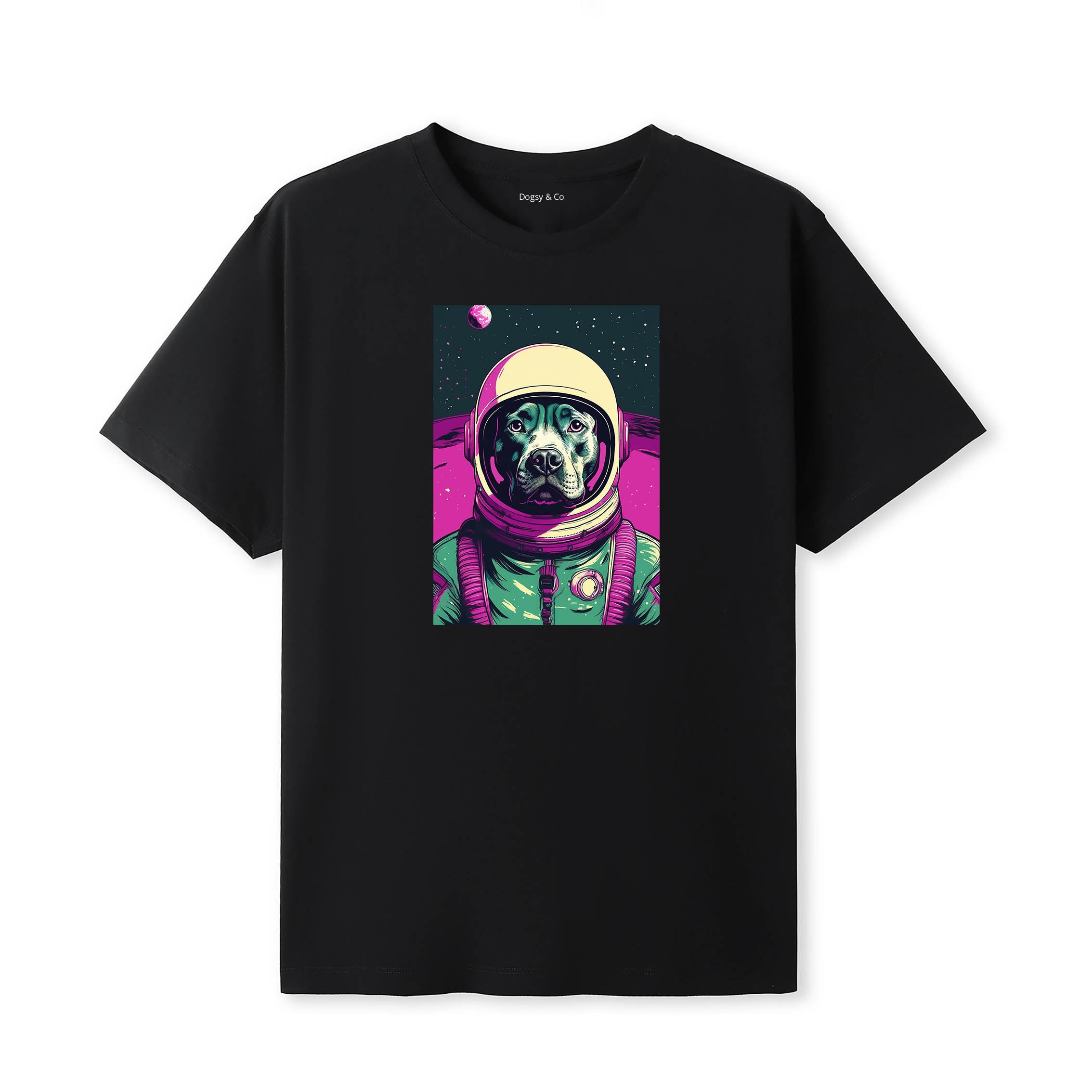 American Pitbull Terrier Space Dogs T-Shirt colourful astronaut dog artwork in a retro space design