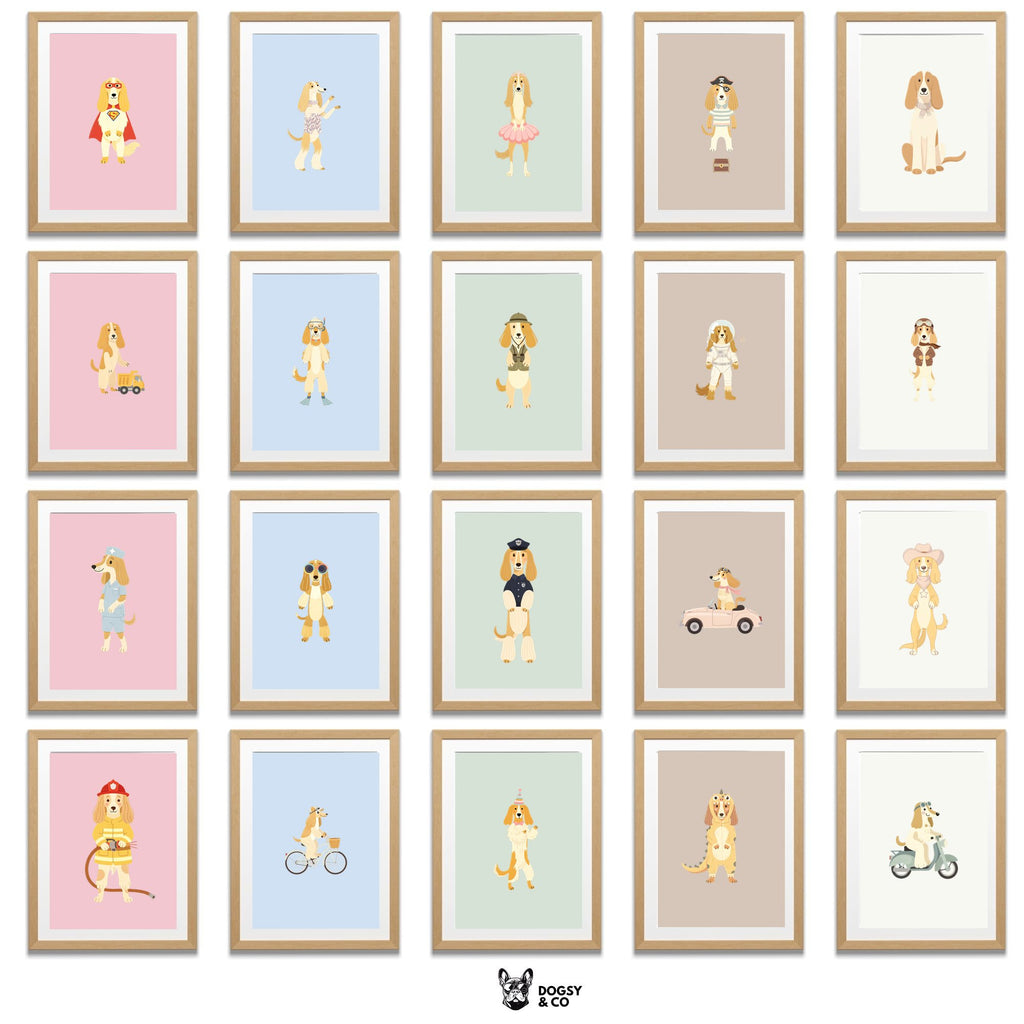 Afghan Hound Kids Nursery Wall Art Print Bundle — 22 Dog Costume Designs, 5 Colours, 6 Print Sizes | Digital Download