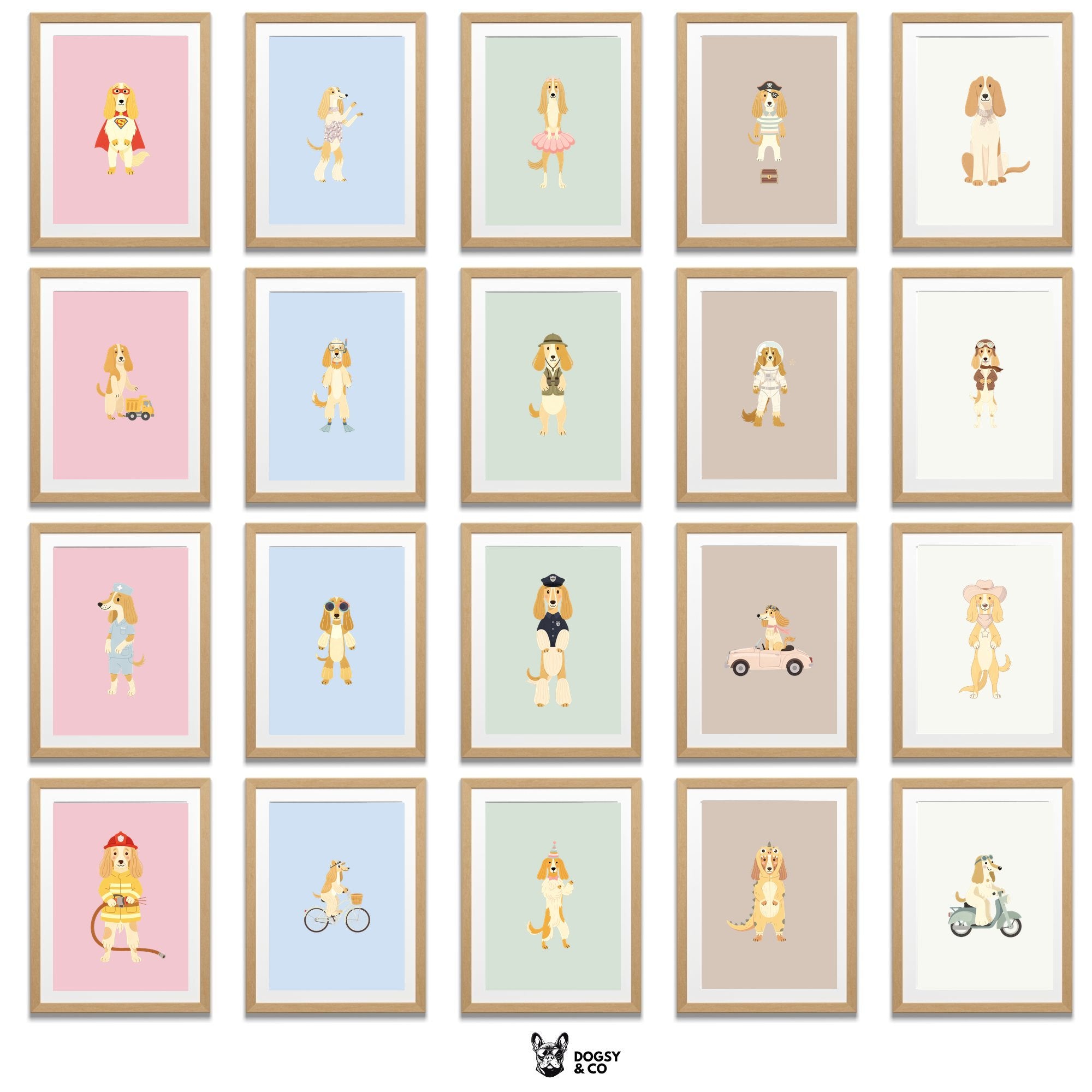 Afghan Hound Kids Nursery Wall Art Print Bundle — 22 Dog Costume Designs, 5 Colours, 6 Print Sizes | Digital Download
