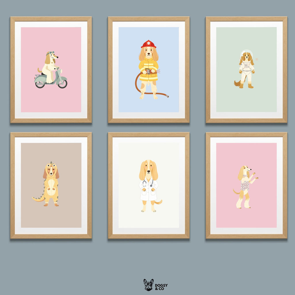 Afghan Hound Kids Nursery Wall Art Print Bundle — 22 Dog Costume Designs, 5 Colours, 6 Print Sizes | Digital Download