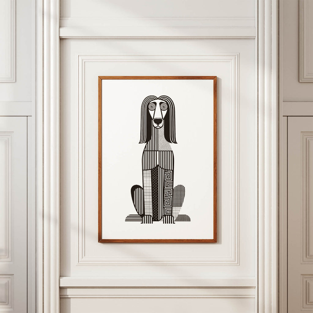 Afghan Hound Geometric Line Art Print - Framed Mockup