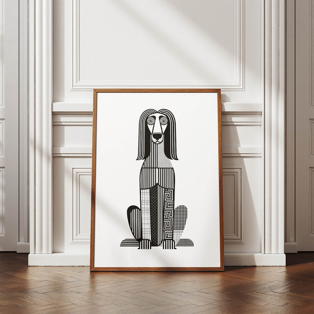 Afghan Hound Geometric Line Art Print - Framed Mockup