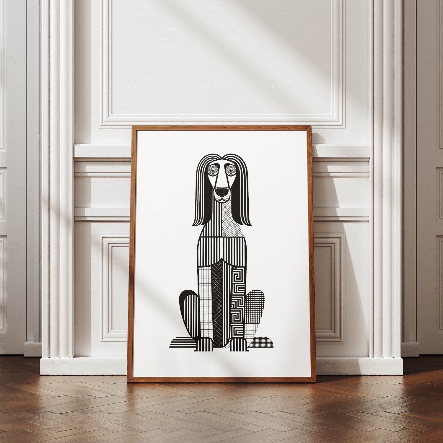 Afghan Hound Geometric Line Art Print - Framed Mockup