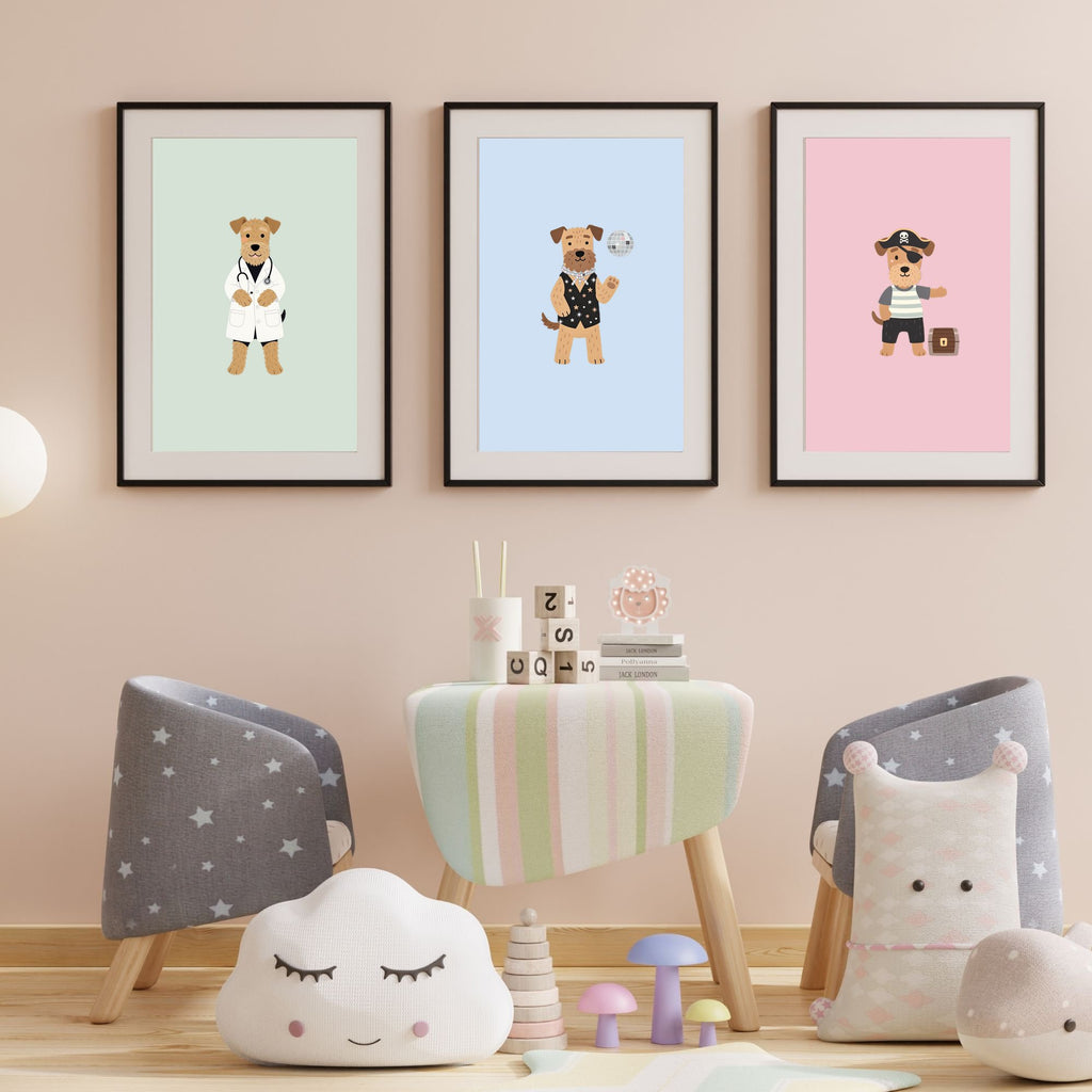 Airedale Terrier Kids Nursery Wall Art Print Bundle — 22 Dog Costume Designs, 5 Colours, 6 Print Sizes | Digital Download