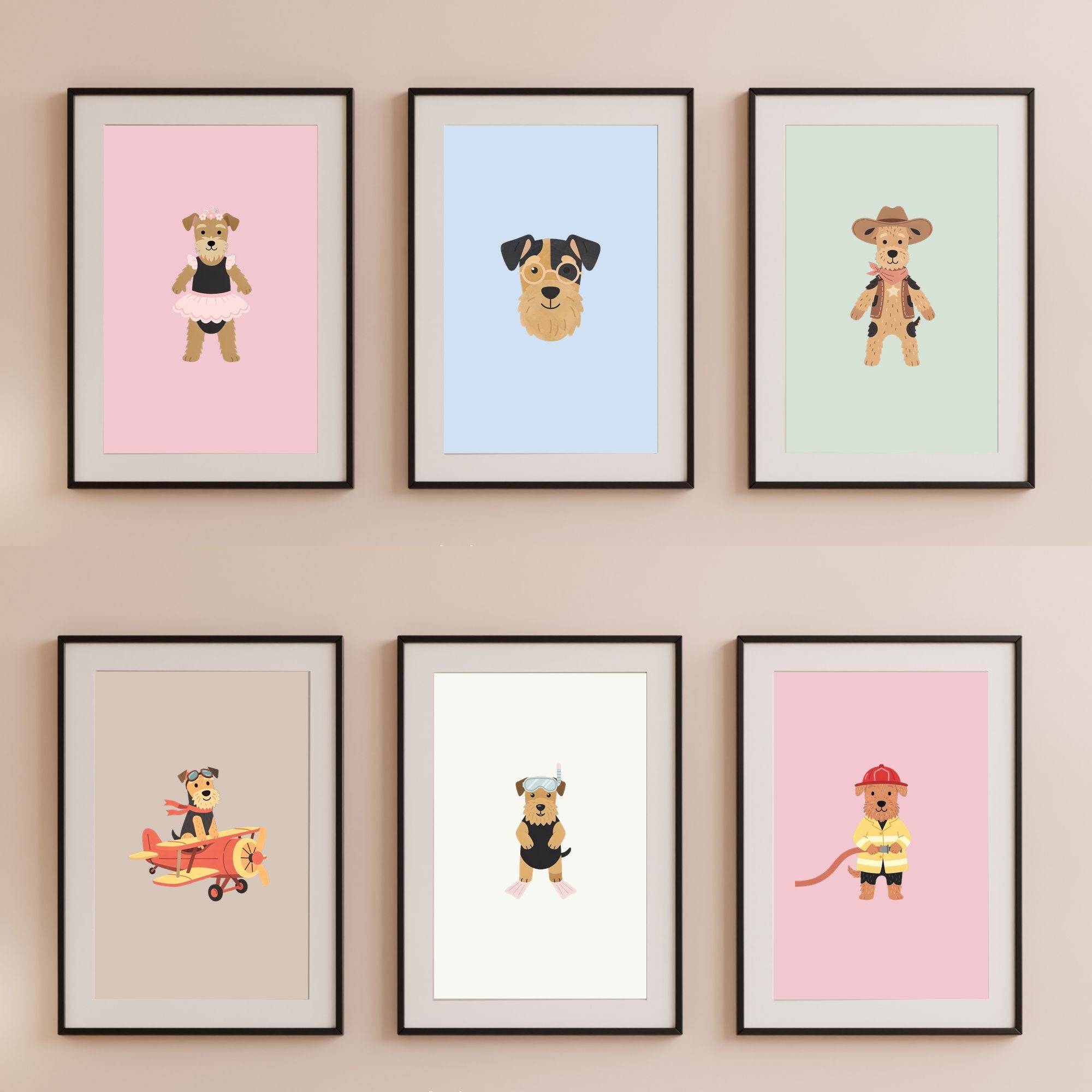 Airedale Terrier Kids Nursery Wall Art Print Bundle — 22 Dog Costume Designs, 5 Colours, 6 Print Sizes | Digital Download