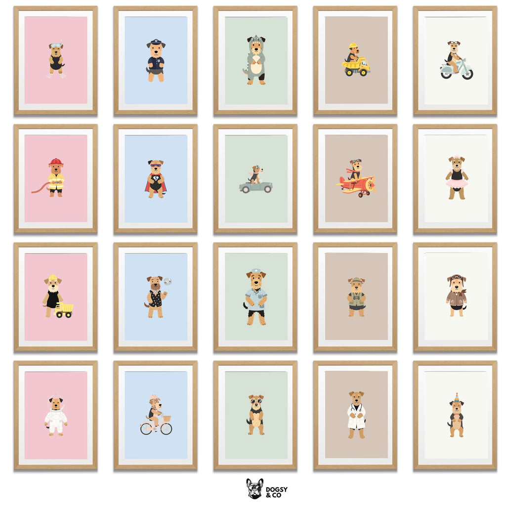 Airedale Terrier Kids Nursery Wall Art Print Bundle — 22 Dog Costume Designs, 5 Colours, 6 Print Sizes | Digital Download