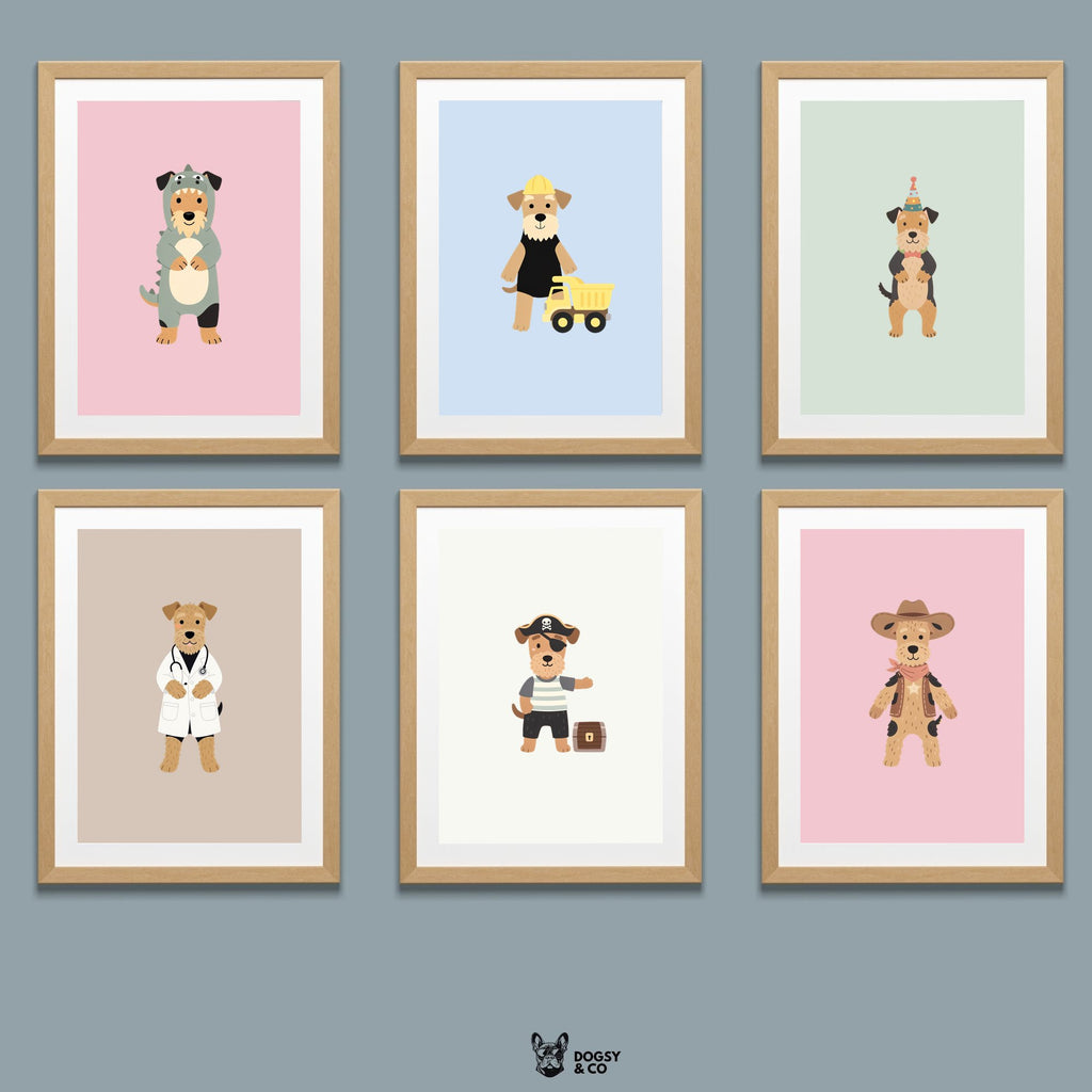 Airedale Terrier Kids Nursery Wall Art Print Bundle — 22 Dog Costume Designs, 5 Colours, 6 Print Sizes | Digital Download