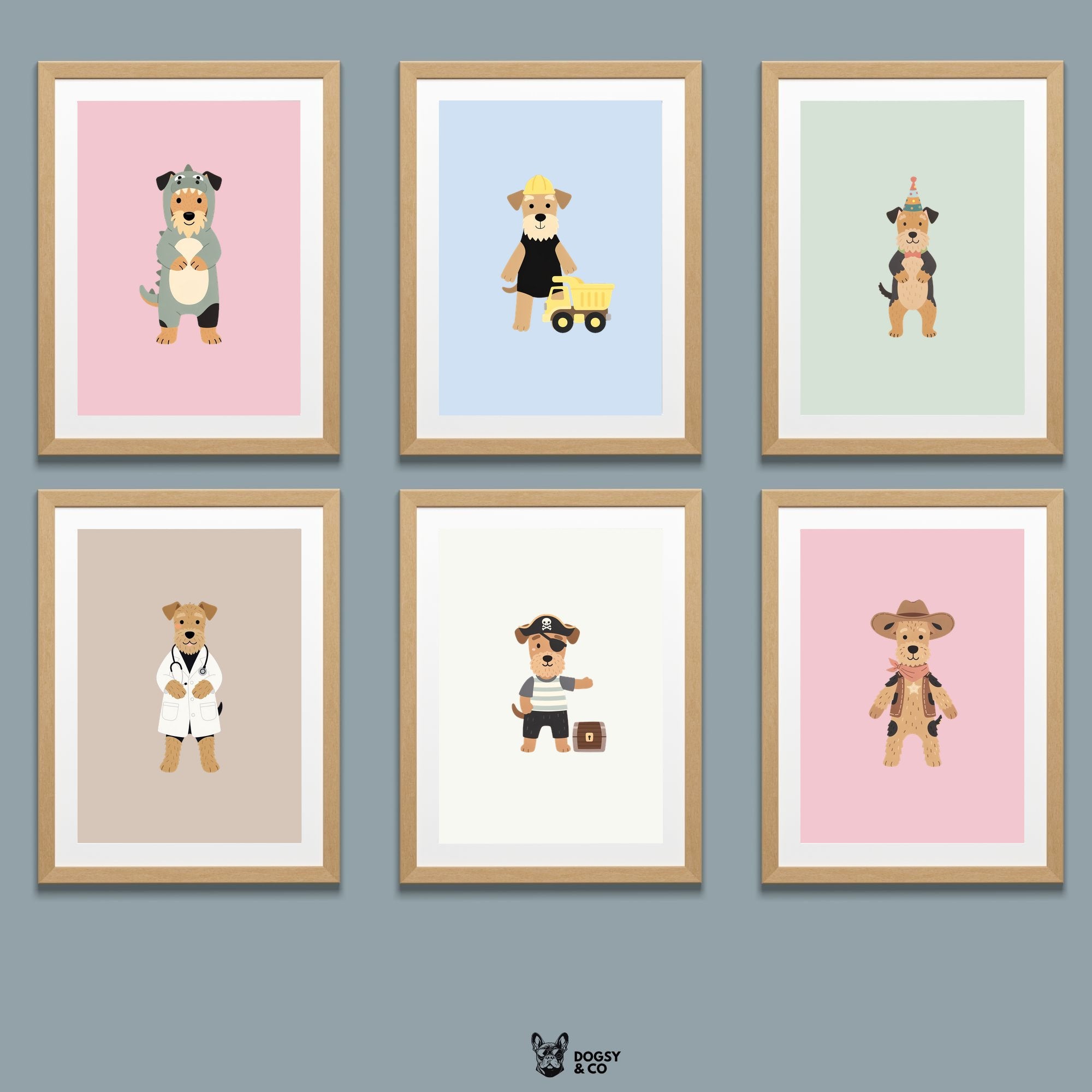 Airedale Terrier Kids Nursery Wall Art Print Bundle — 22 Dog Costume Designs, 5 Colours, 6 Print Sizes | Digital Download