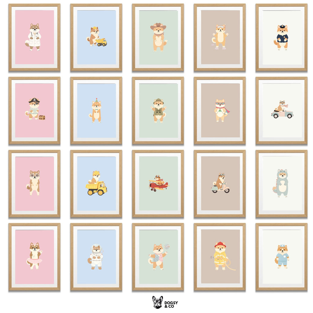 Akita Kids Nursery Wall Art Print Bundle — 22 Dog Costume Designs, 5 Colours, 6 Print Sizes | Digital Download