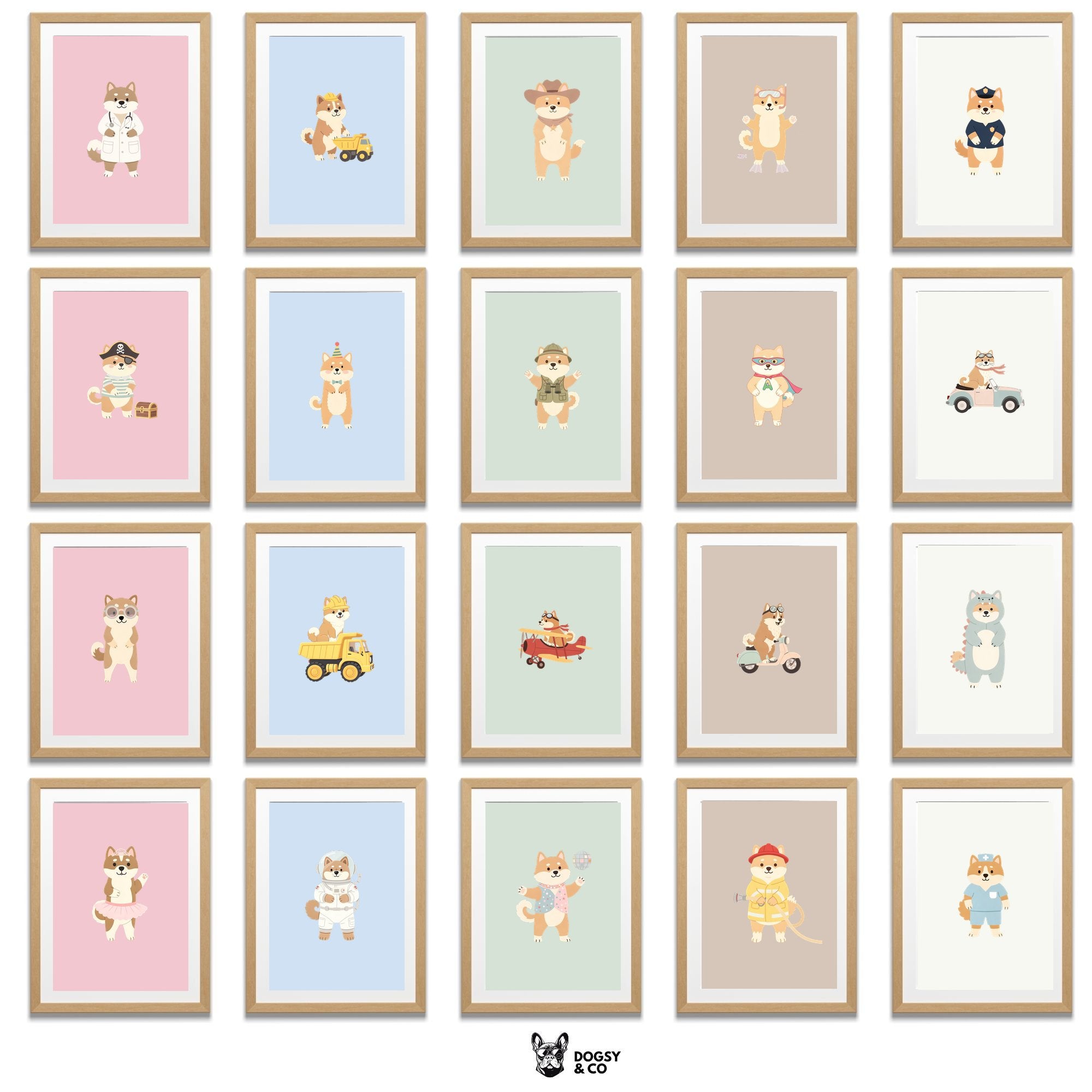 Akita Kids Nursery Wall Art Print Bundle — 22 Dog Costume Designs, 5 Colours, 6 Print Sizes | Digital Download