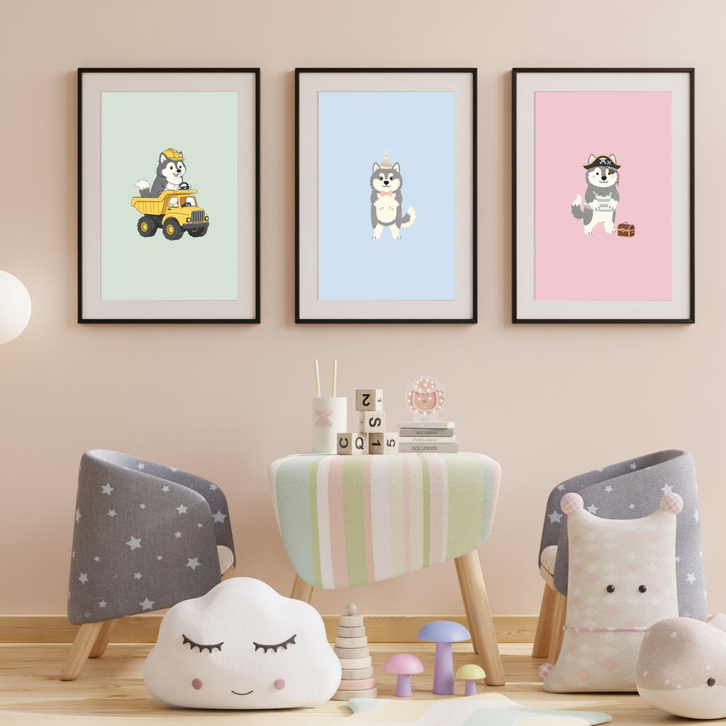 Alaskan Malamute Kids Nursery Wall Art Print Bundle — 22 Dog Costume Designs, 5 Colours, 6 Print Sizes | Digital Download