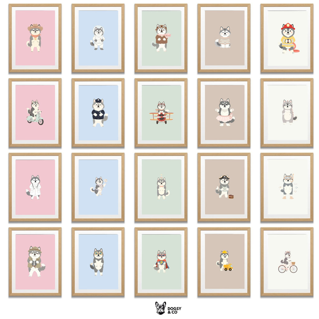 Alaskan Malamute Kids Nursery Wall Art Print Bundle — 22 Dog Costume Designs, 5 Colours, 6 Print Sizes | Digital Download