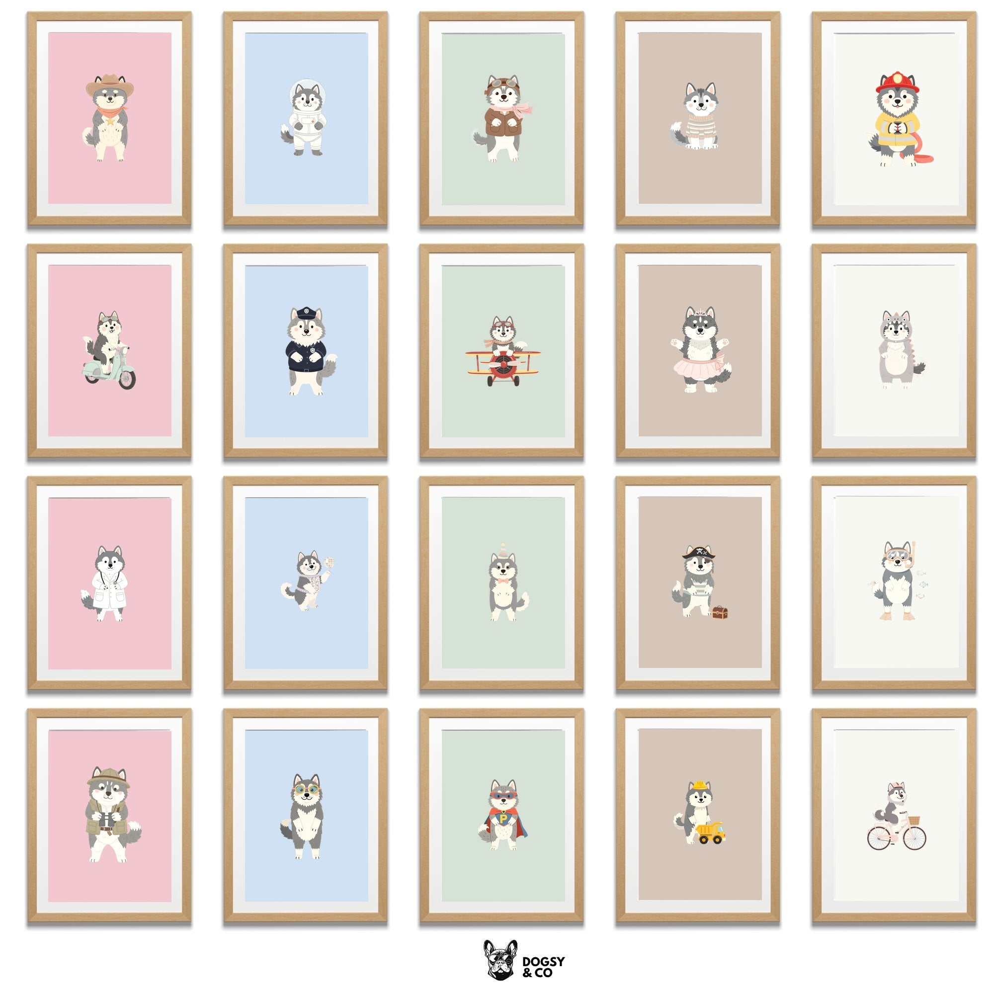 Alaskan Malamute Kids Nursery Wall Art Print Bundle — 22 Dog Costume Designs, 5 Colours, 6 Print Sizes | Digital Download